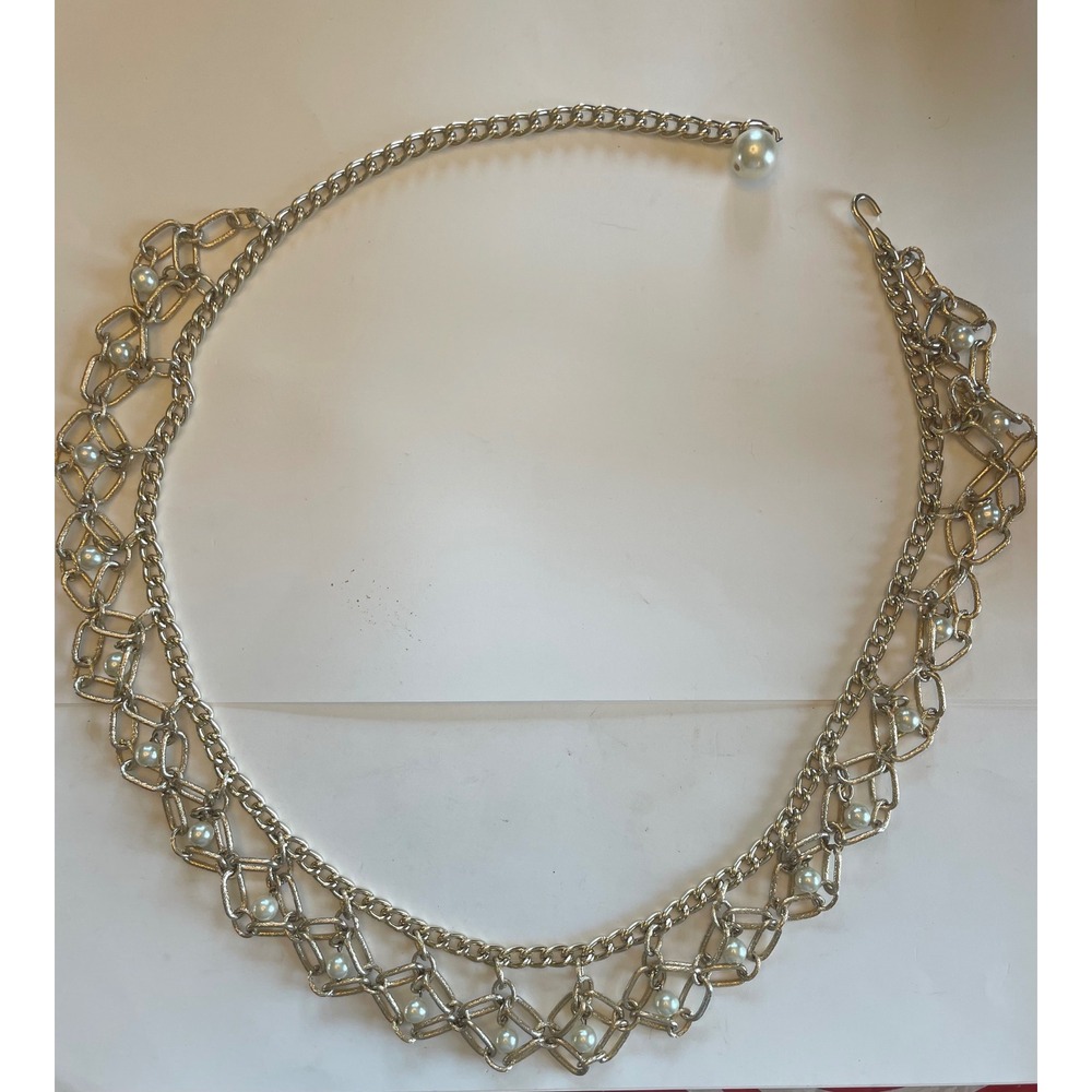 Vintage Style Gold Chain Belt Faux Pearl Geometric Lattice Linked Hook Closure